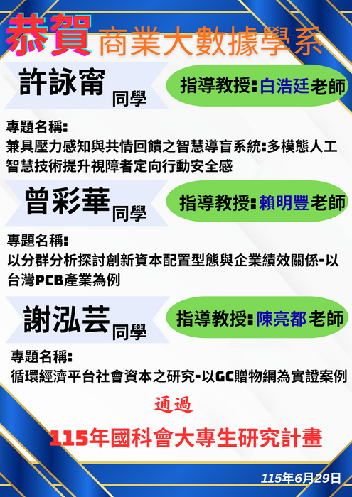 【恭賀】本學系許詠甯、曾彩華、謝泓芸同學通過115年國科會大專生研究計畫圖片