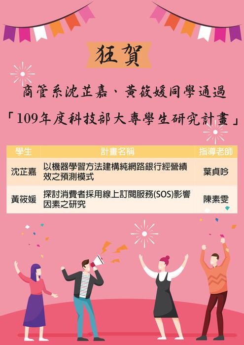 狂賀!商管系沈芷嘉、黃筱媛同學通過「109年度科技部大專學生研究計畫」圖片