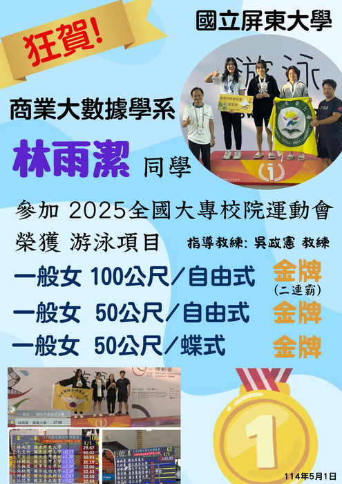 【恭賀】本學系林雨潔同學 榮獲2025全國大專校院運動會游泳項目三金圖片