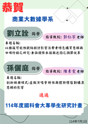 【賀】劉立詮、孫儷庭同學 通過「114年度國科會大專學生研究計畫」圖片